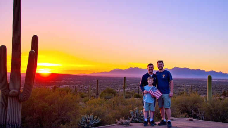 A family standing on a desert trail at sunset, surrounded by saguaro cacti and Tucson Mountains.