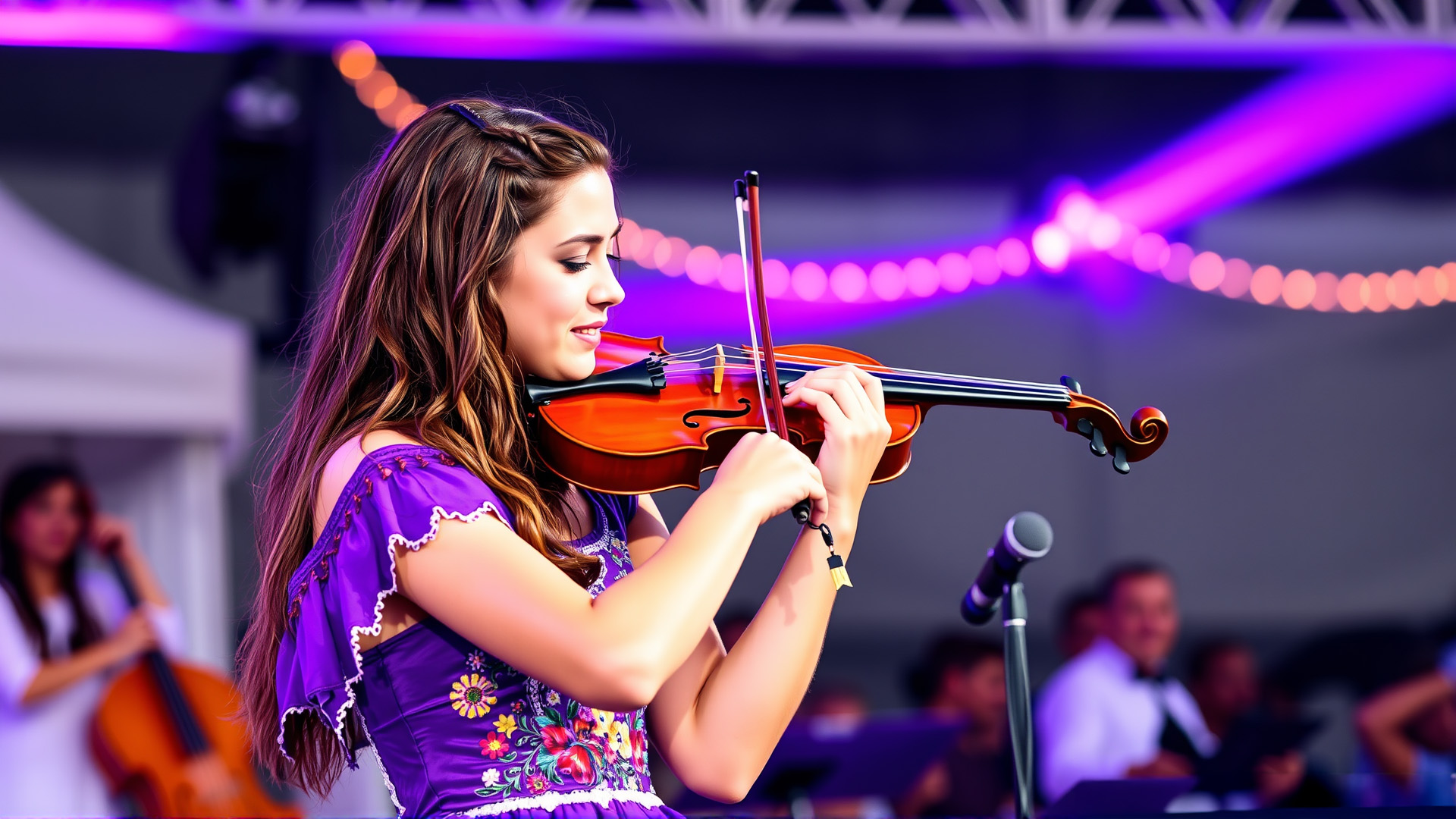 A young woman with long brown hair playing the violin on stage under purple concert lighting, wearing a blue dress with colorful stripes inspired by Mexican fashion.