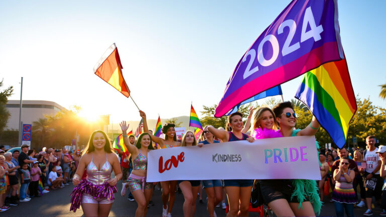 A festive scene of the Tucson Pride Parade 2024 with participants holding colorful flags and banners, celebrating love and equality in the streets of Tucson.