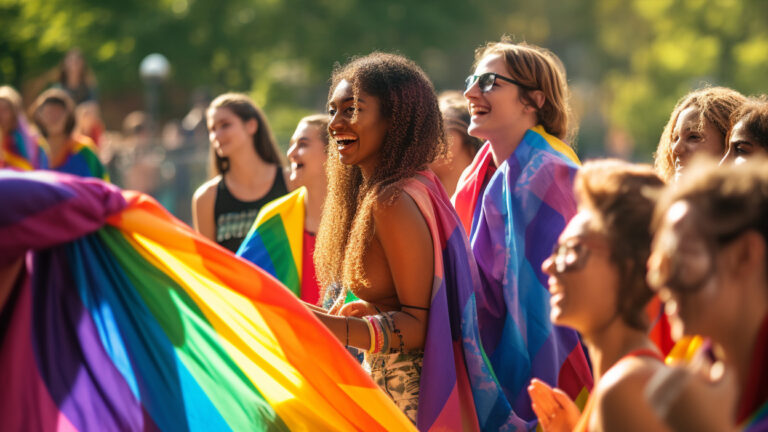 A diverse group of people holding rainbow flags, smiling and celebrating at a pride event, with a colorful flag blanket fluttering in the wind.