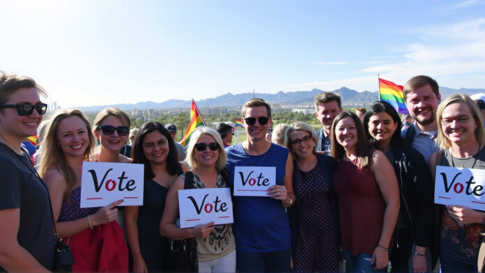 A group of LGBTQ individuals standing together, holding 'Vote' signs in front of the Tucson skyline, with Pride flags and voting stickers visible.