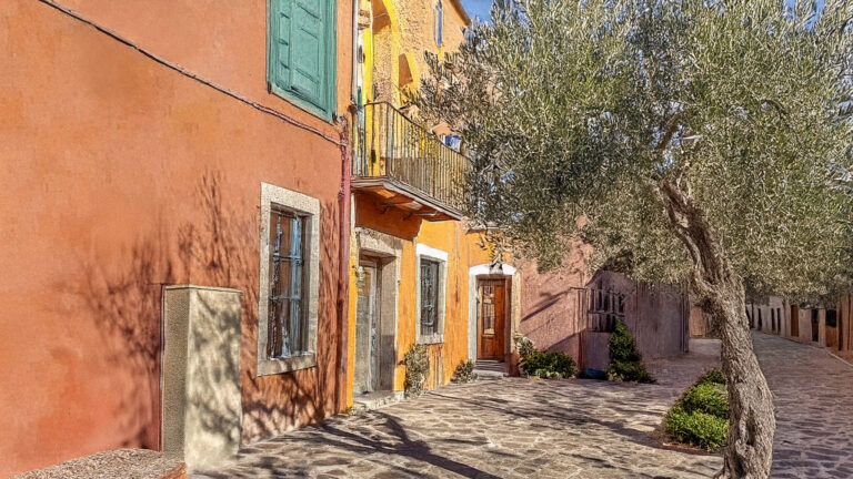 A vibrant Tucson street scene with cobblestone roads, colorful adobe buildings, and people enjoying outdoor cafés and biking under a sunny sky.