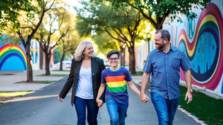 A diverse LGBTQ+ family with a transgender teen walking hand-in-hand down a sunny, tree-lined street in Tucson, Arizona, with a colorful mural featuring rainbow elements in the background.