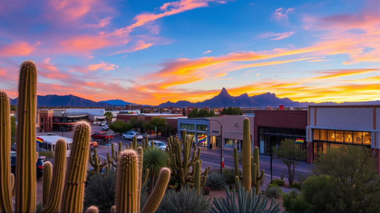 Downtown Tucson skyline at sunset with saguaros in the foreground and rainbow flags in storefront windows.