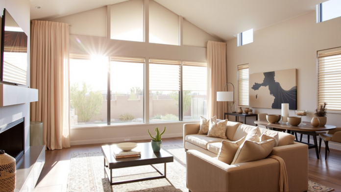 The Window Covering Company – Tucson’s Best Custom Window Treatments Modern Tucson living room with custom Hunter Douglas blinds and draperies, filtering natural sunlight for a warm and inviting ambiance.