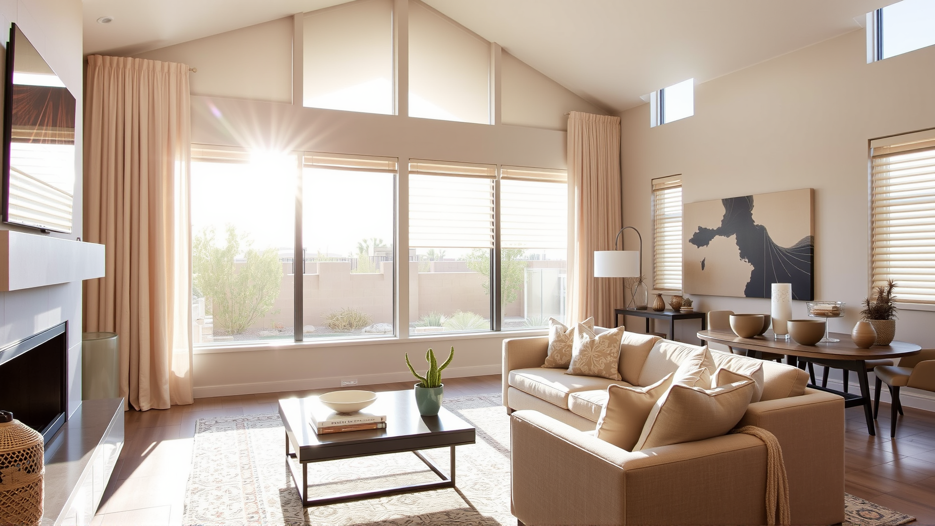 Modern Tucson living room with custom Hunter Douglas blinds and draperies, filtering natural sunlight for a warm and inviting ambiance.