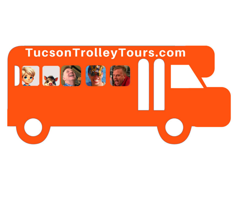 Tucson Trolley Tours logo featuring an orange trolley with the website name on top. The trolley windows display owners Tom Heath, Darren Jones, and Tony Ray Baker, along with Xander and Javi, characters from Tony Ray’s children's book Xander Meets Javi.