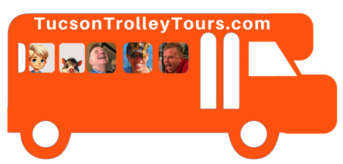 Tucson Trolley Tours logo featuring an orange trolley with the website name on top. The trolley windows display owners Tom Heath, Darren Jones, and Tony Ray Baker, along with Xander and Javi, characters from Tony Ray’s children's book Xander Meets Javi.