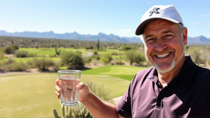 5 Reasons Tucson Has Plenty of Water for Future Residents (Yes, Even During a Drought) gay man smiling on a Tucson golf course while holding a glass of water