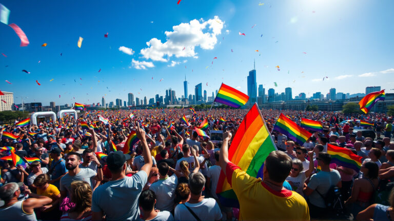 Aerial view of a global LGBTQ+ pride parade with thousands waving rainbow flags in a major city.