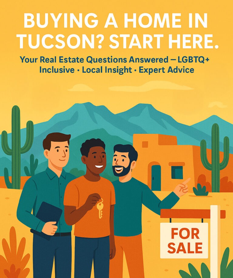 Illustration of LGBTQ+ homebuyers with a real estate agent in front of a Tucson home, featuring icons and text promoting Tucson real estate FAQs.