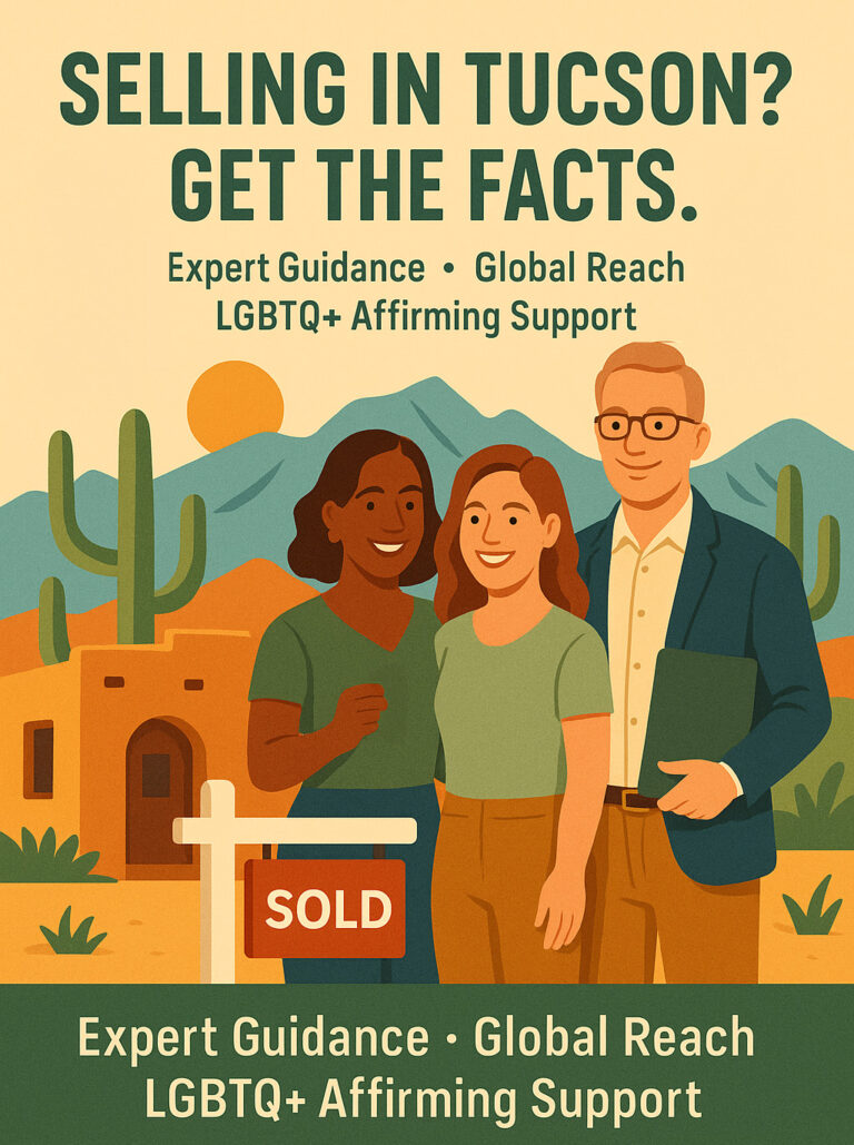 Illustration of a Tucson home with a “Sold” sign, diverse home sellers and a real estate agent, highlighting global real estate marketing and FAQs for sellers.