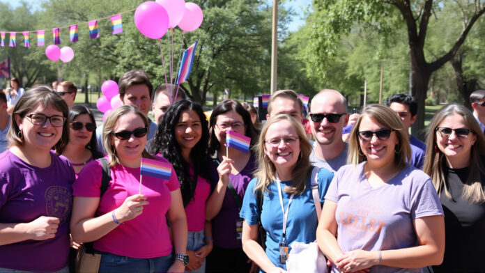 A diverse group of people holding bisexual pride flags at an outdoor event in Tucson.