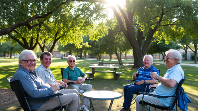 LGBTQ+ seniors seated in a circle under shady trees in Himmel Park, enjoying conversation and coffee.
