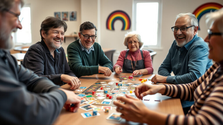 Smiling senior LGBTQ+ adults playing a lively board game in a bright community center.