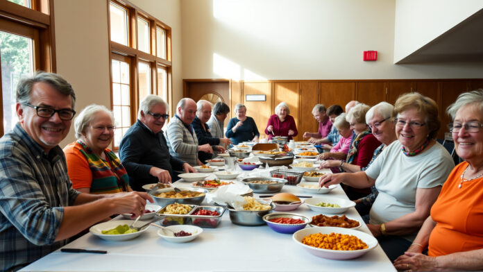 LGBTQ+ seniors gathered around a long table filled with homemade dishes at a community potluck.