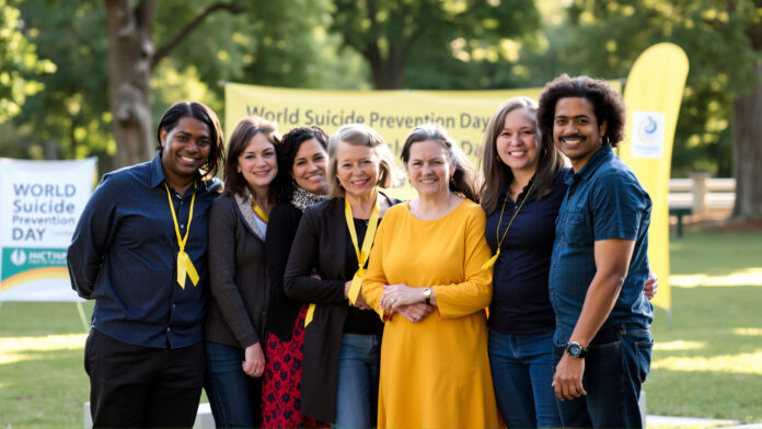 A diverse group of adults wearing yellow ribbons stand together at World Suicide Prevention Day in a sunlit park.