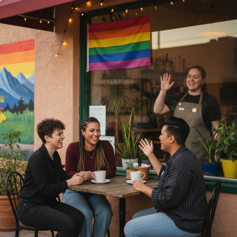 LGBTQ+ patrons enjoy coffee outside a Tucson café with rainbow signage