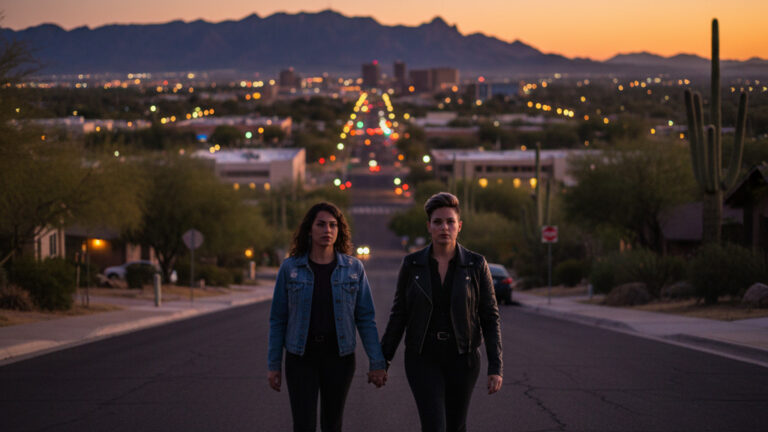 LGBTQ+ couple walks through Tucson at sunset with desert landscape beyond the city