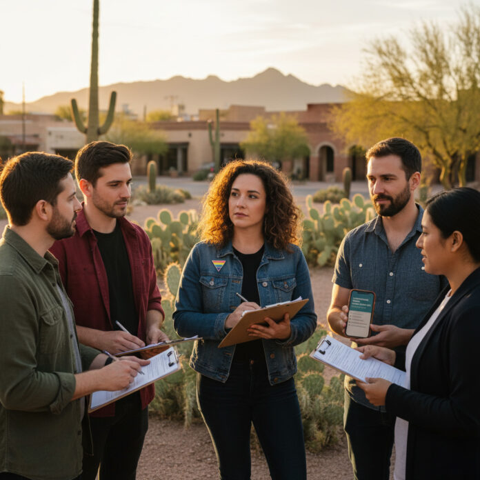 Arizona LGBTQ Bills 2026 - What’s Being Proposed, What It Means, and How to Take Action (Tucson Guide) LGBTQ+ community members in Tucson standing together outdoors with notes and a phone, preparing to follow Arizona legislative updates.