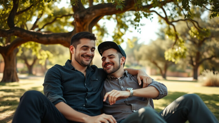 Gay male couple sitting close together under a tree in a Tucson park, holding hands and enjoying a quiet moment.