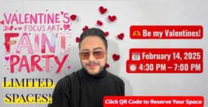 Flyer showing Victor Navarro promoting a Valentine’s Focus Art paint party, February 14, 2025, 4:30–7:00 PM, with hearts and “Limited Spaces” text.