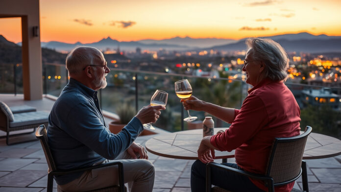 A same-sex male couple in their 60s clinking wine glasses on a modern patio overlooking the Tucson city lights at sunset.
