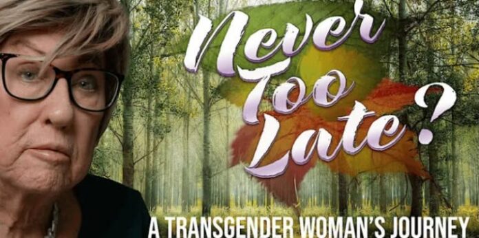 Never Too Late? AZPM Screening and Discussion Promotional graphic for “Never Too Late? A Transgender Woman’s Journey,” featuring a close-up portrait beside the documentary title over a forest background.
