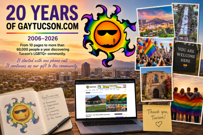 20 Years of GayTucson.com collage with its rainbow sun logo, Tucson landmarks, Pride scenes and the LGBTQ+ community website.