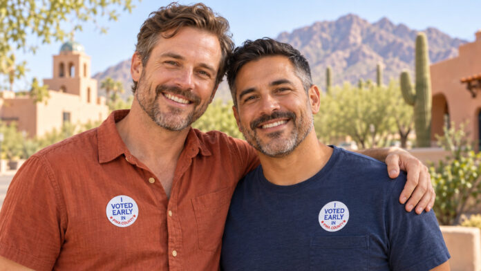 2026 Arizona General Election: A Voting Plan for LGBTQ+ Tucson Two smiling men standing together in a desert setting, wearing “I Voted Early in Pima County” stickers.